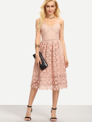 Hollow Out Fit & Flare Lace Cami Dress in Pink