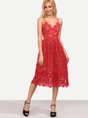Hollow Out Fit & Flare Lace Cami Dress in Red
